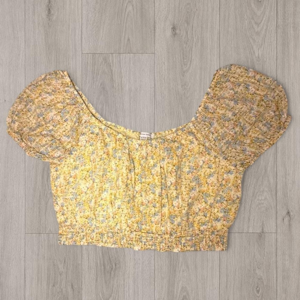 American Eagle Yellow Ditsy Floral Puff Sleeve Crop Top XL